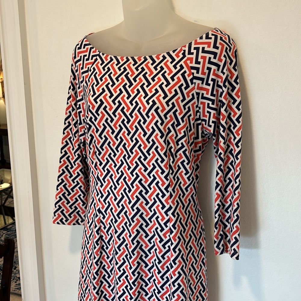 J McLaughlin Geometric Dress with Navy and Rose accents Small